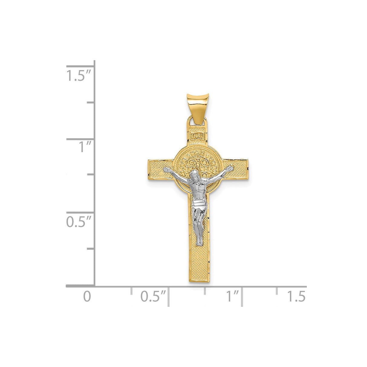 14k Multi-Tone Gold Crucifix Cross Pendant with INRI and Saint Benedict Detailing
