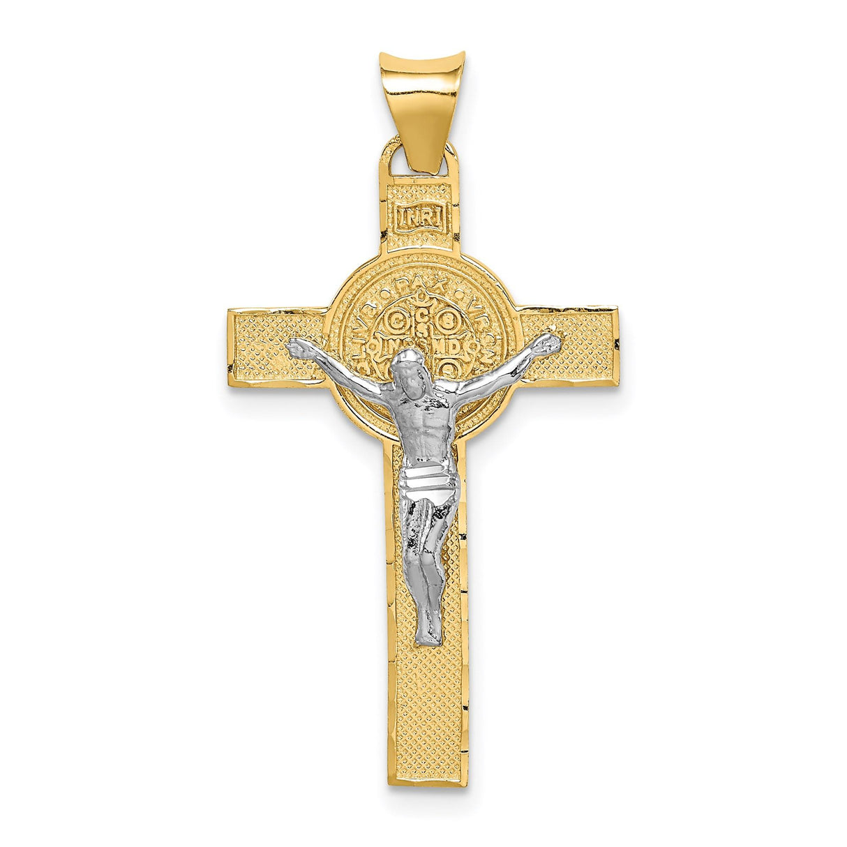 14k Multi-Tone Gold Crucifix Cross Pendant with INRI and Saint Benedict Detailing