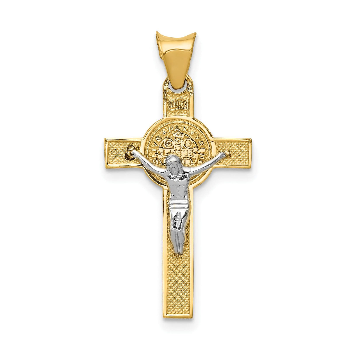 14k Multi-Tone Gold Crucifix Pendant with Saint Benedict Medal and INRI Cross