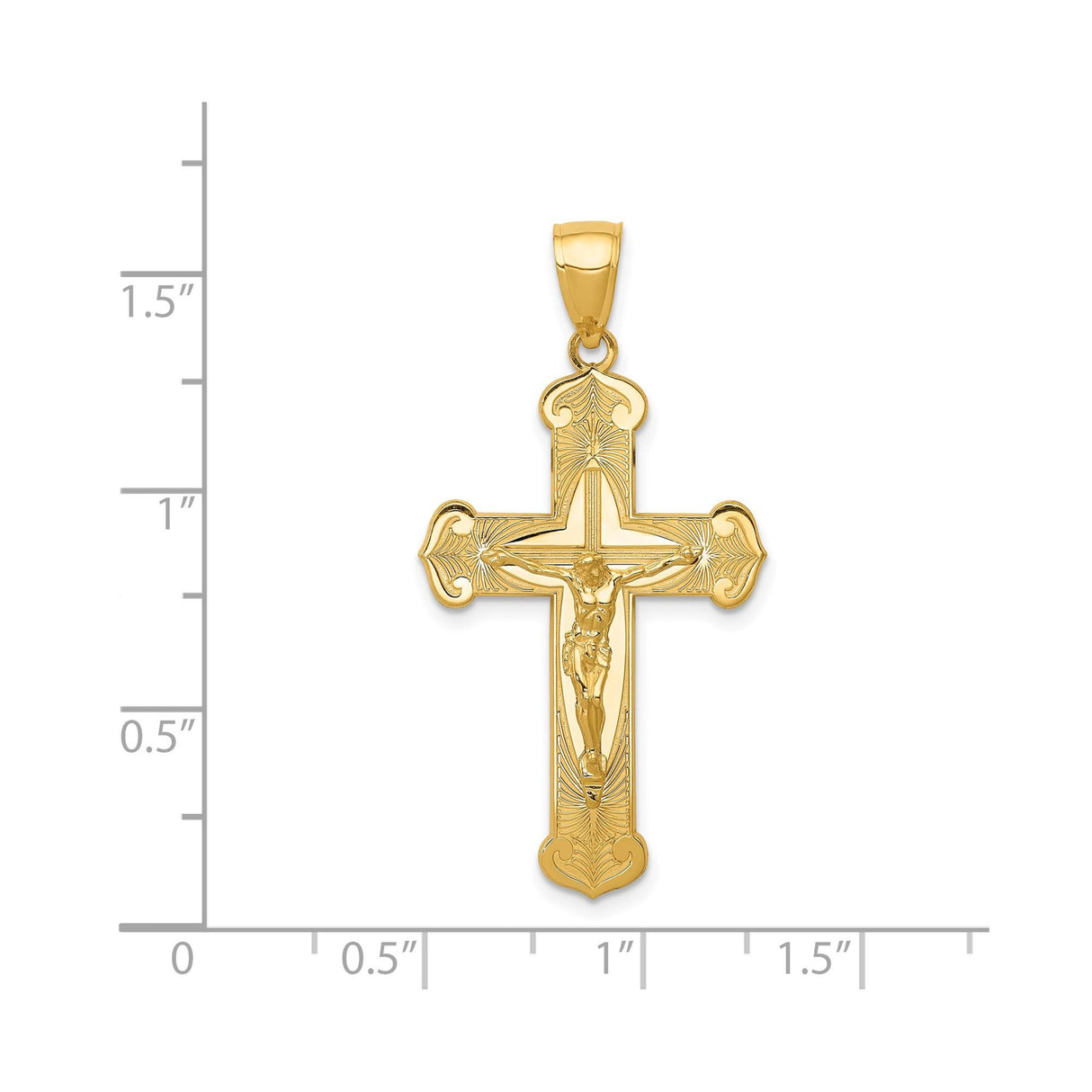 14k Yellow Gold Patonce Crucifix Pendant, Polished Cross with Christ High Relief