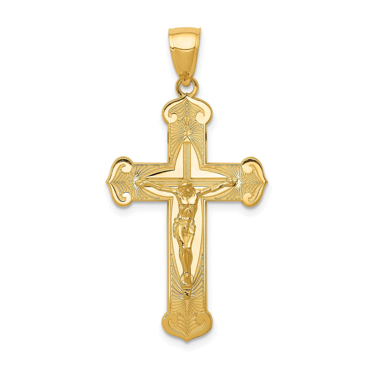 14k Yellow Gold Patonce Crucifix Pendant, Polished Cross with Christ High Relief