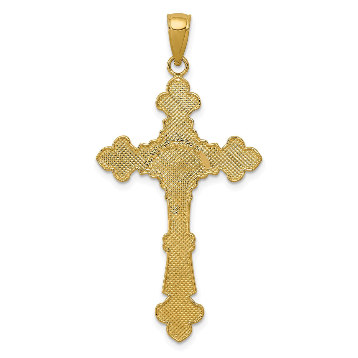 14k Yellow Gold Crucifix Pendant with Sunburst Engraving, INRI Baroque Latin Cross Charm