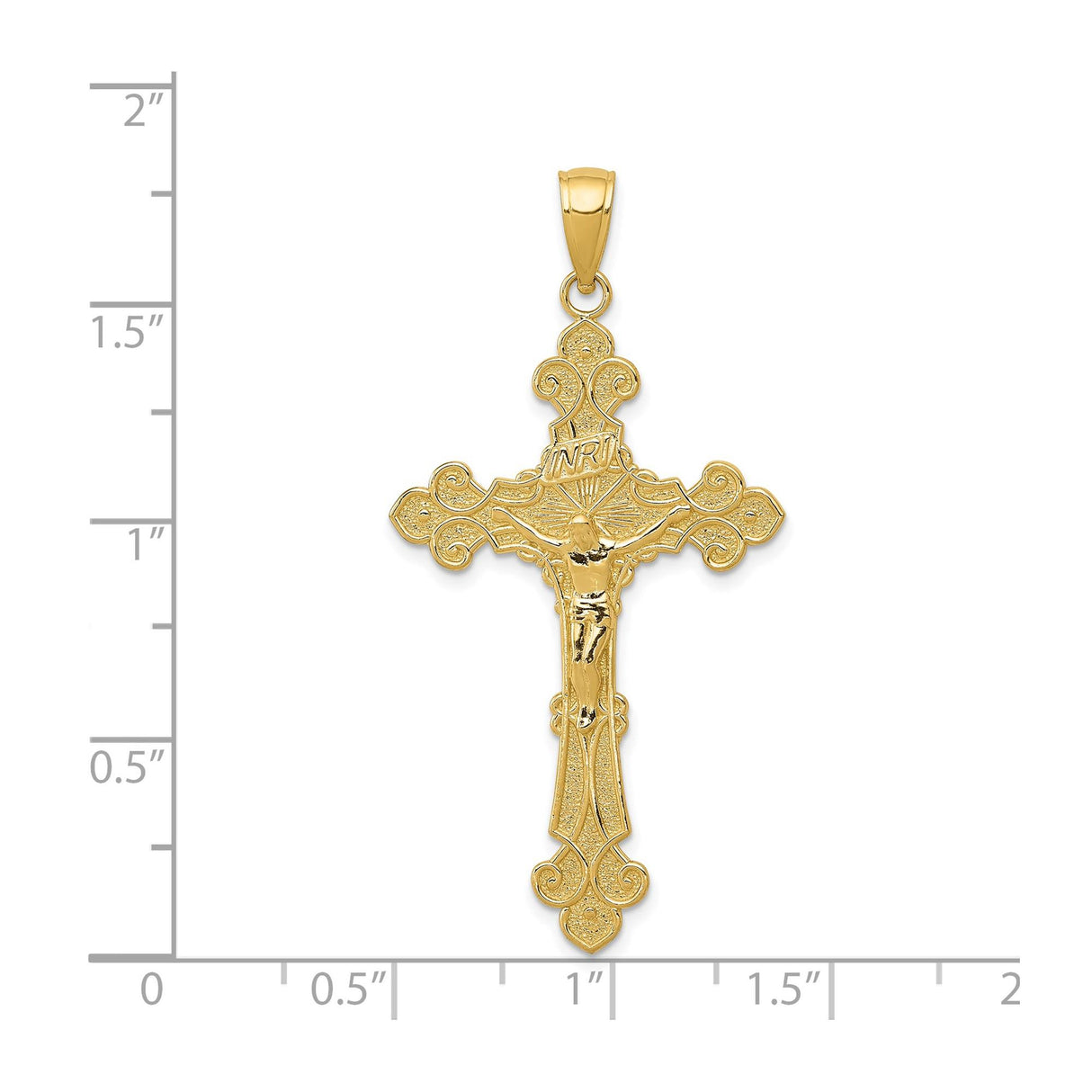14k Yellow Gold Crucifix Pendant with Sunburst Engraving, INRI Baroque Latin Cross Charm