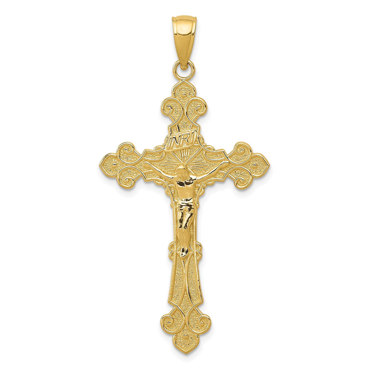 14k Yellow Gold Crucifix Pendant with Sunburst Engraving, INRI Baroque Latin Cross Charm