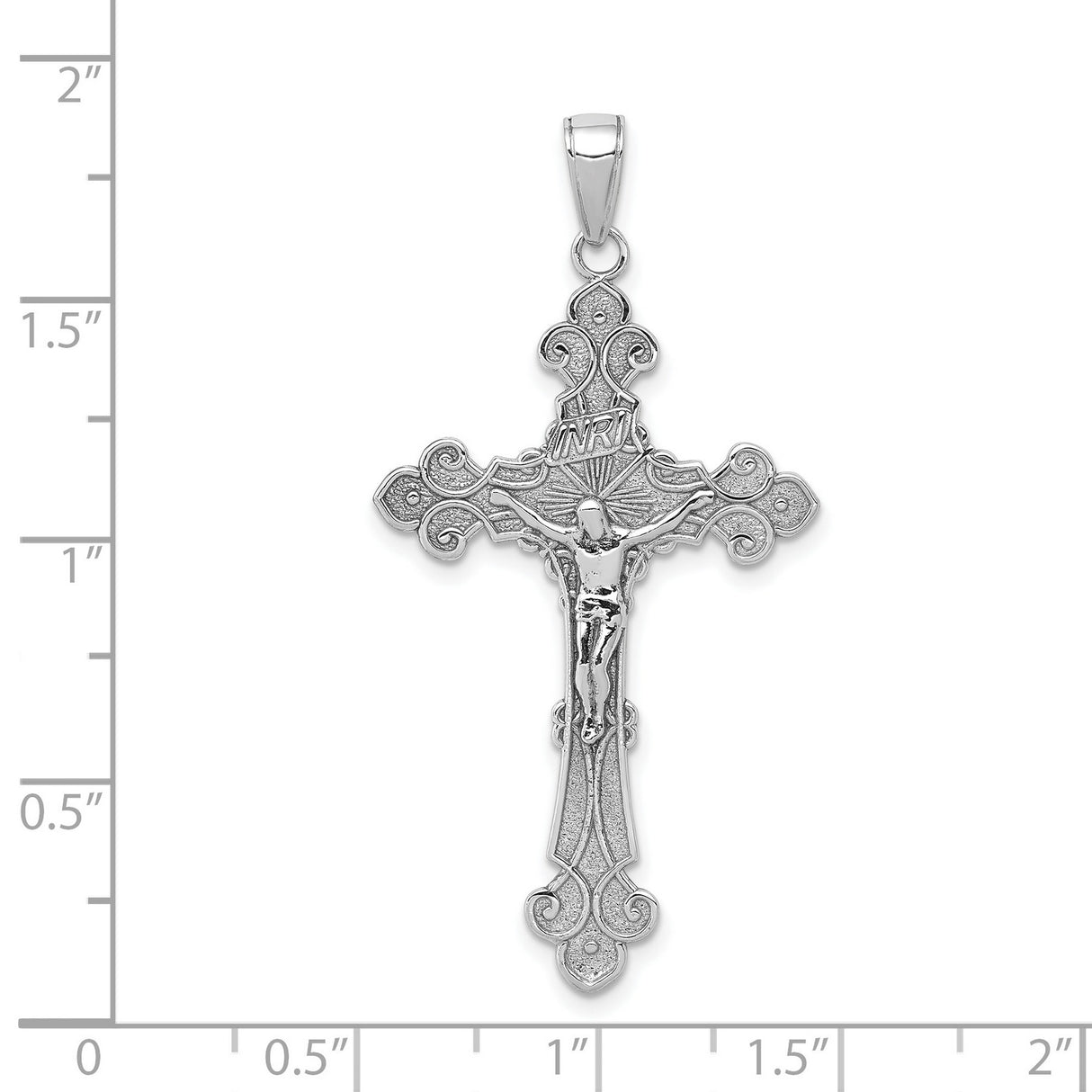 14k White Gold Crucifix Pendant with INRI and Fleur de Lis Design for Men and Women