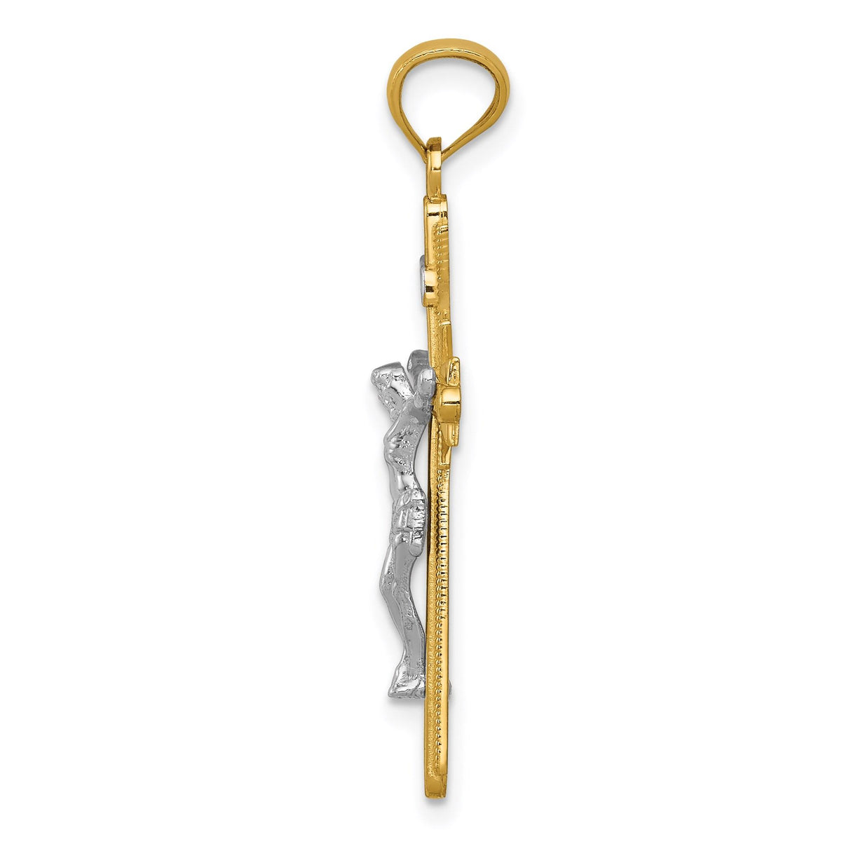 14k Yellow and White Gold Crucifix Pendant with Fleur de Lis Cross and INRI Detail