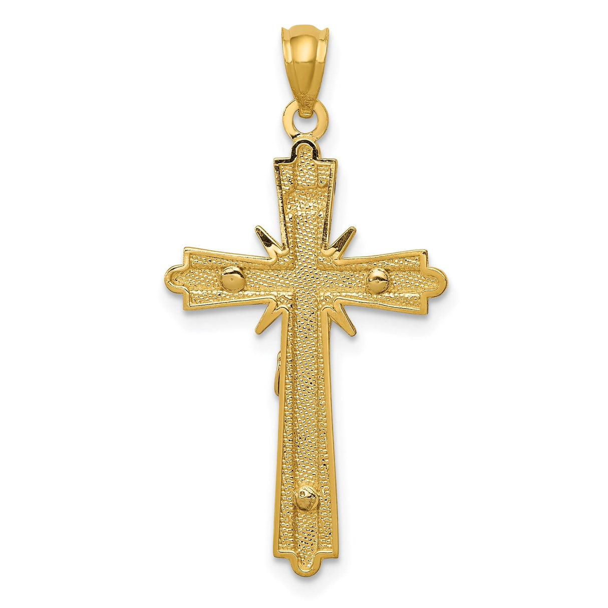 14k Yellow and White Gold Crucifix Pendant with Fleur de Lis Cross and INRI Detail