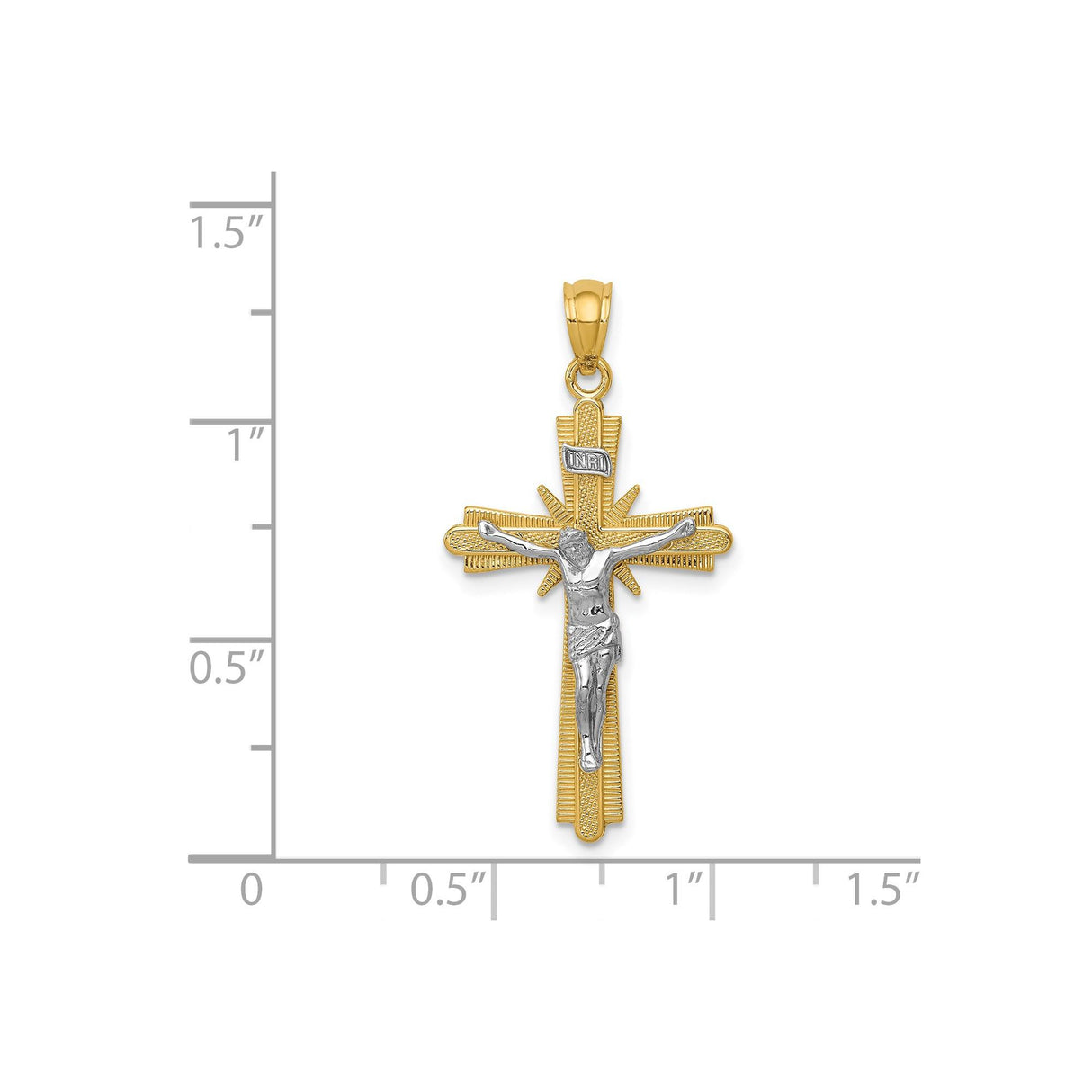 14k Yellow and White Gold Crucifix Pendant with Fleur de Lis Cross and INRI Detail