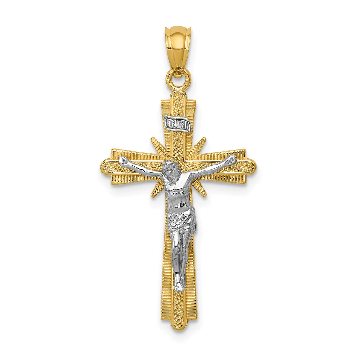 14k Yellow and White Gold Crucifix Pendant with Fleur de Lis Cross and INRI Detail