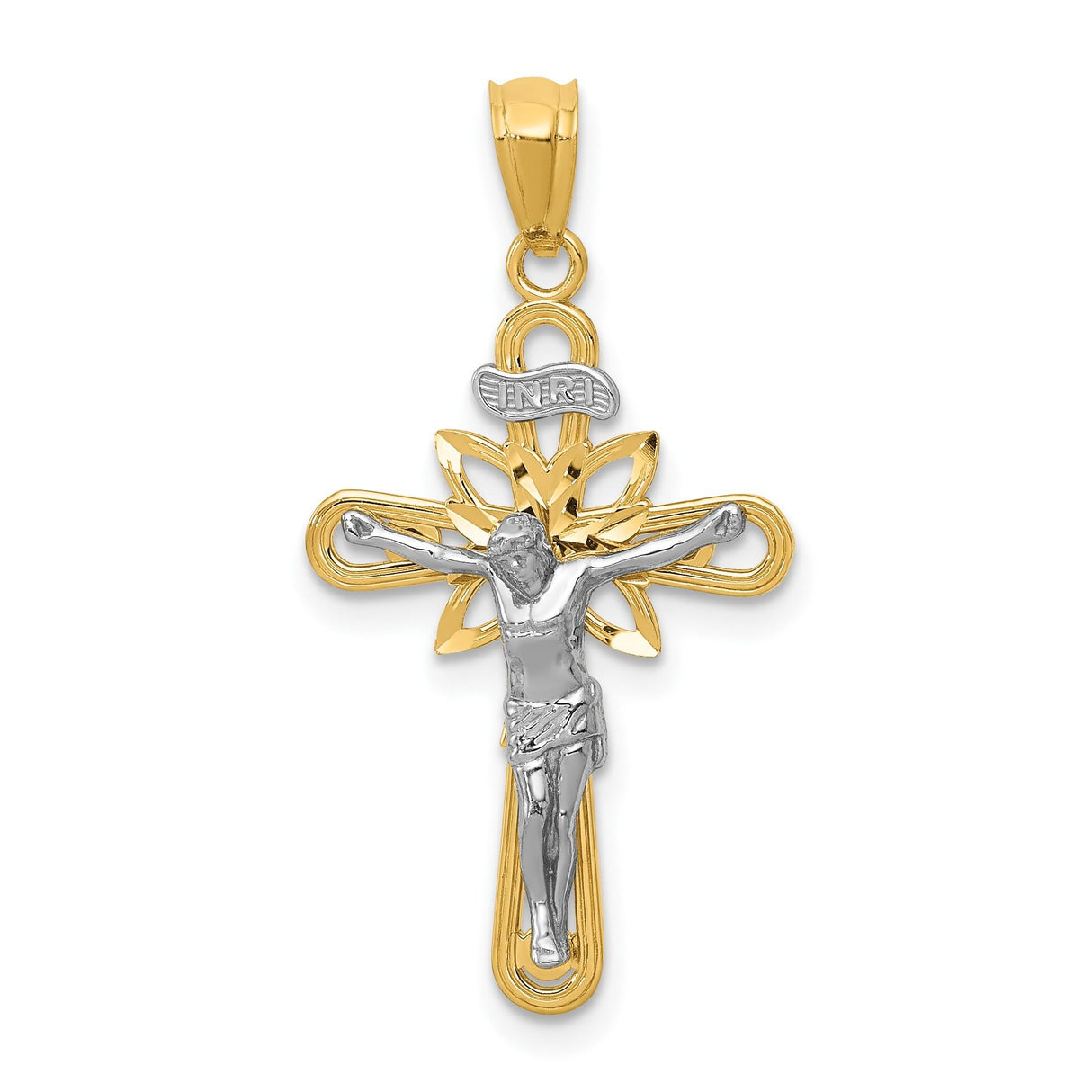 14k Two-Tone Gold Crucifix Cross Pendant with Sterling Silver Detail and INRI for Men and Women