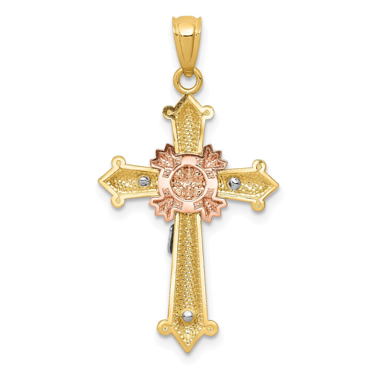 14k Multi-Tone Gold Crucifix Cross Pendant with Beaded Edge and Bold Design