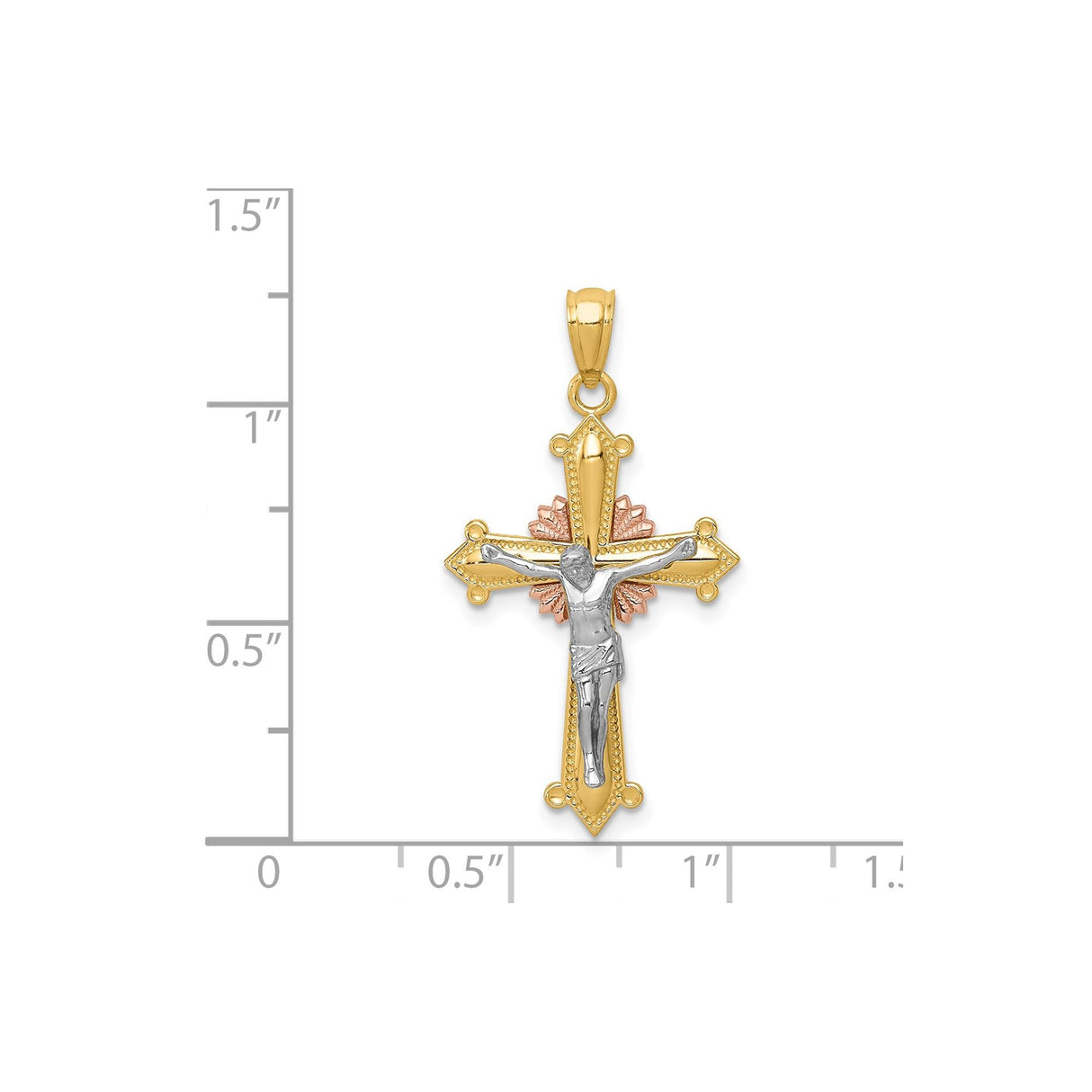 14k Multi-Tone Gold Crucifix Cross Pendant with Beaded Edge and Bold Design