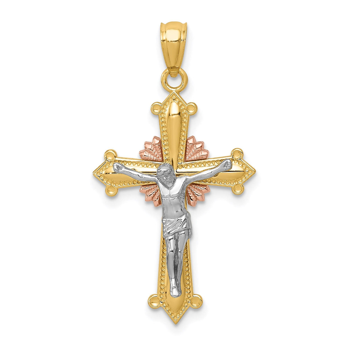 14k Multi-Tone Gold Crucifix Cross Pendant with Beaded Edge and Bold Design