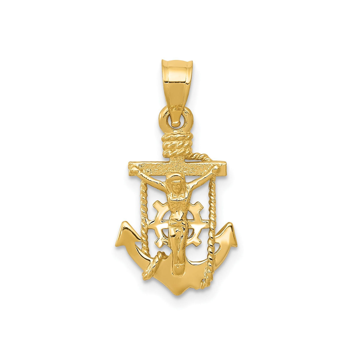 14k Yellow Gold Crucifix Anchor Pendant with Rope Detailing, Nautical Religious Charm