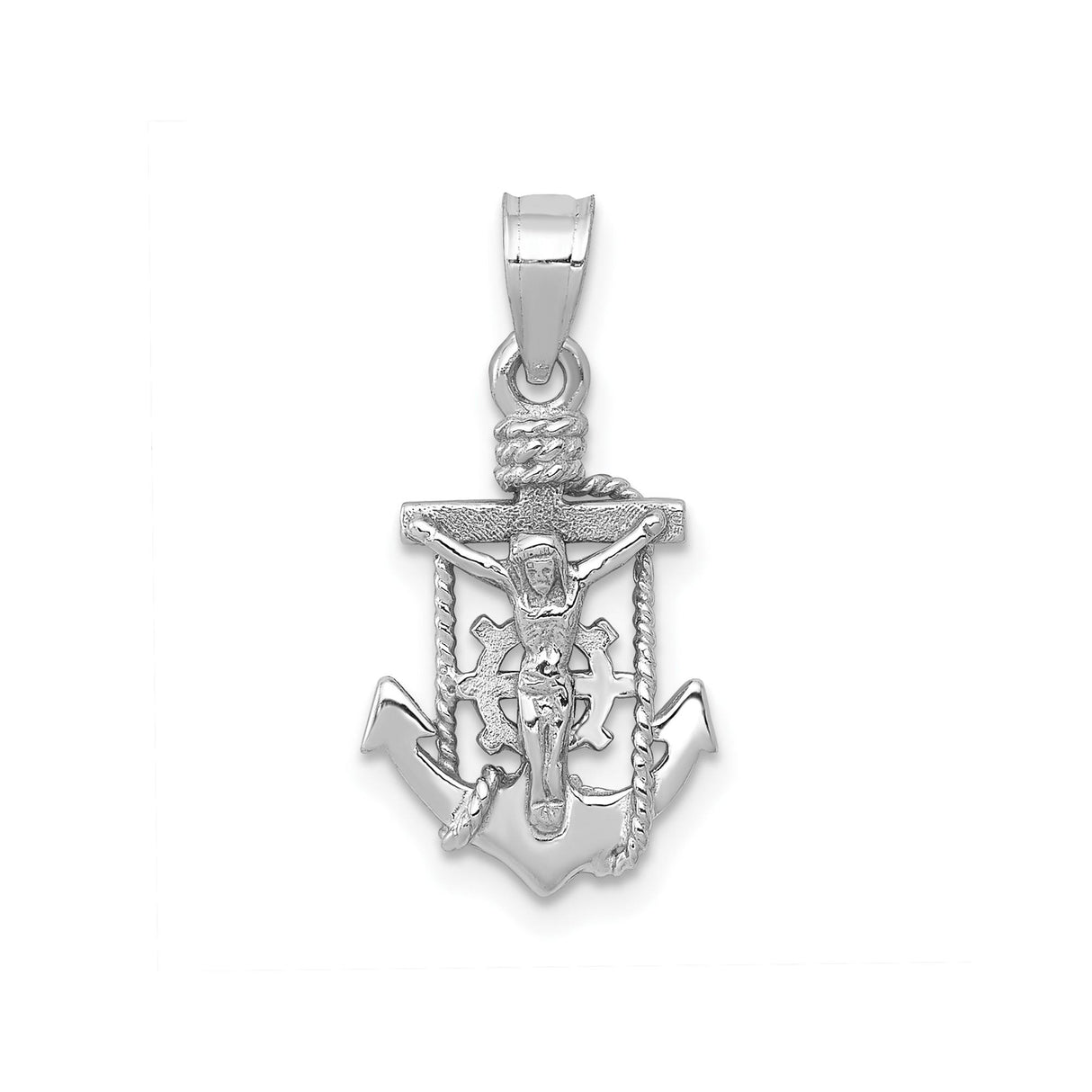 14k White Gold Crucifix Cross Pendant with Anchor and Rope Design