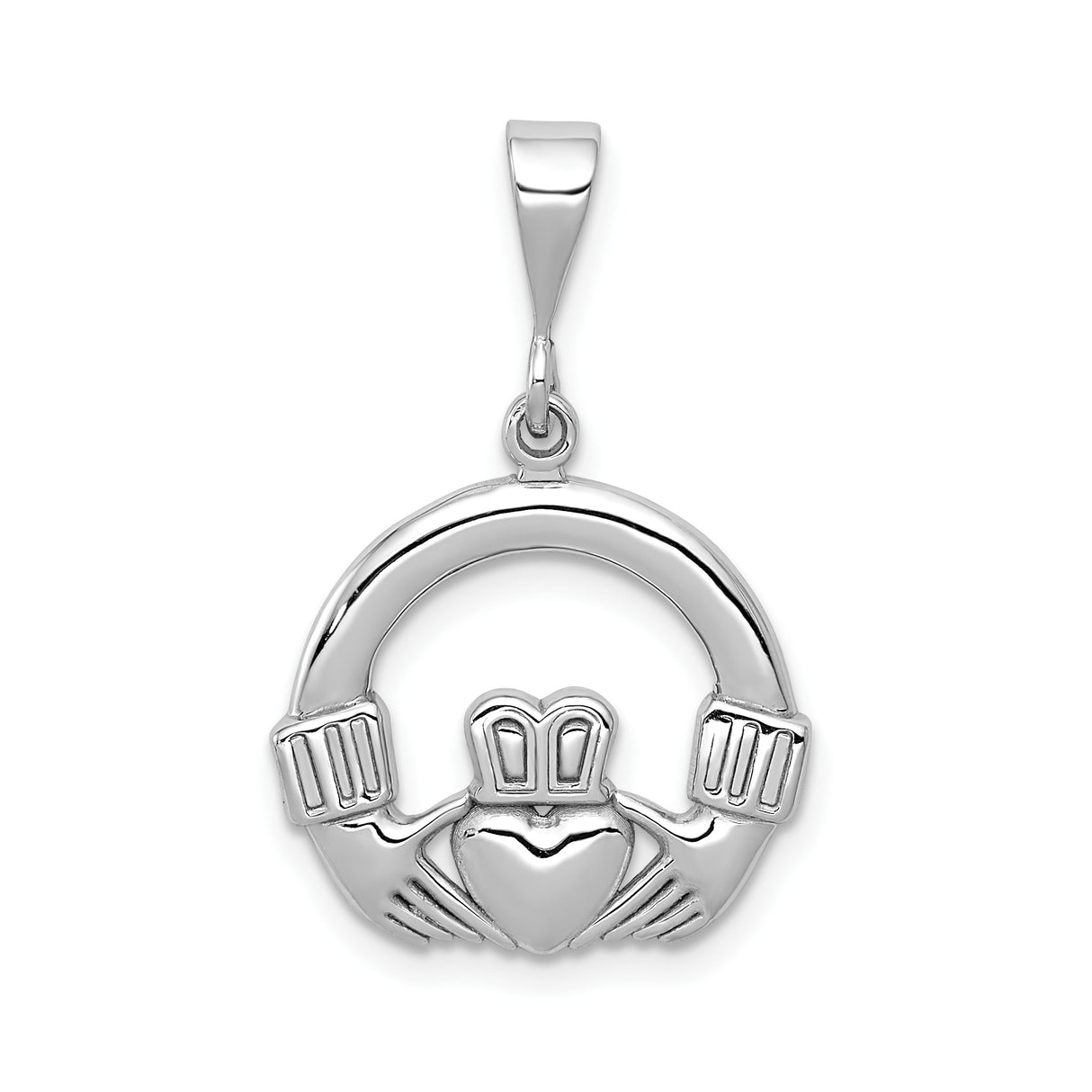 14k White Gold Claddagh Pendant with Heart, Hands, and Crown Emblem, Celtic Symbol of Love and Loyalty