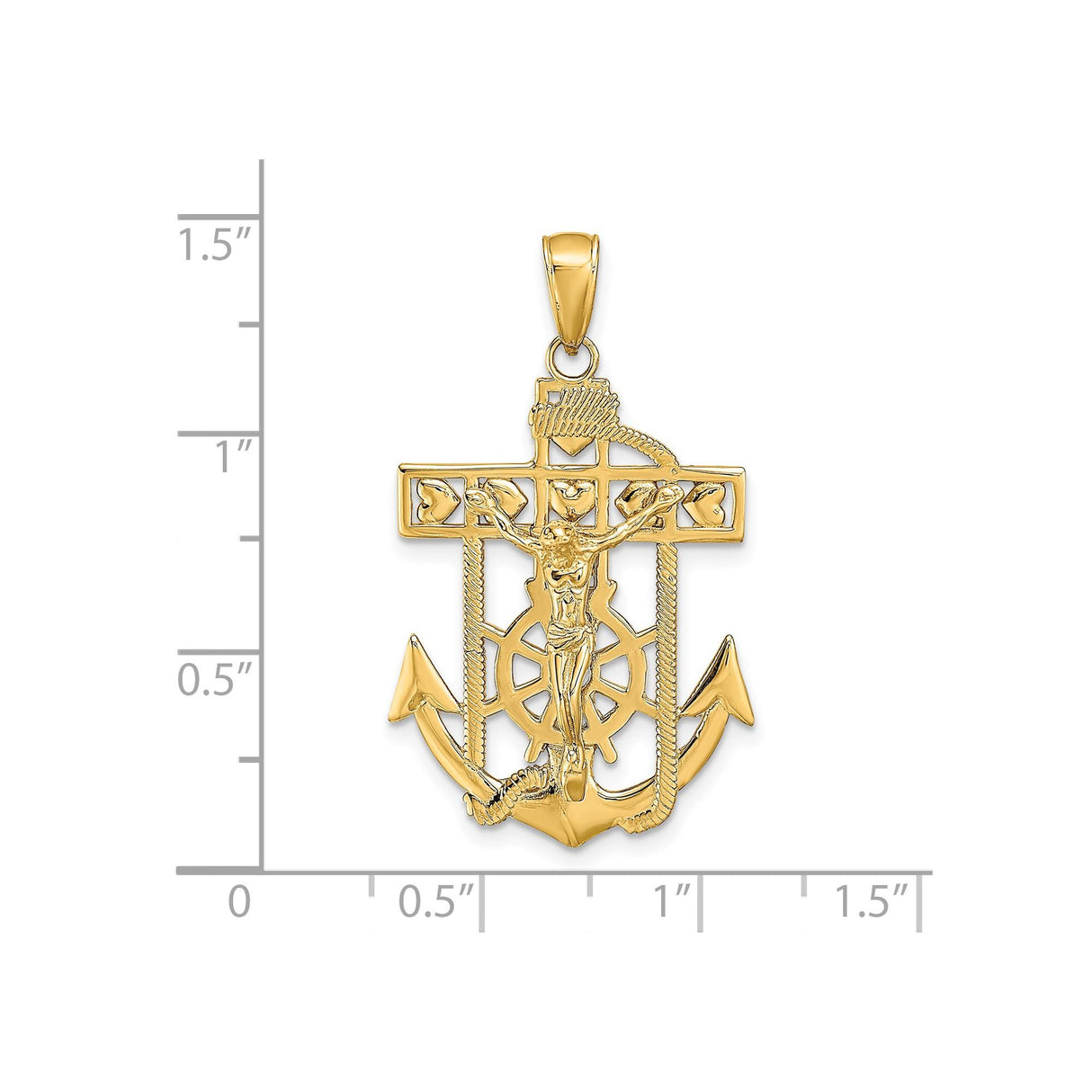 14k Yellow Gold Mariners Crucifix Pendant with Jesus on Textured Anchor Cross