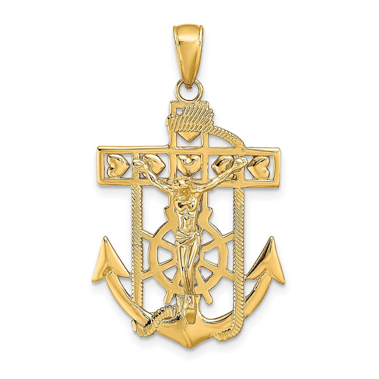 14k Yellow Gold Mariners Crucifix Pendant with Jesus on Textured Anchor Cross