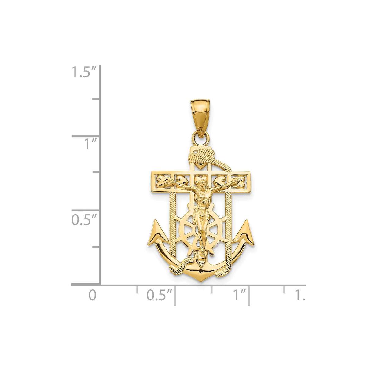14k Yellow Gold Crucifix Pendant with Detailed Jesus, Mariner Cross Religious Charm