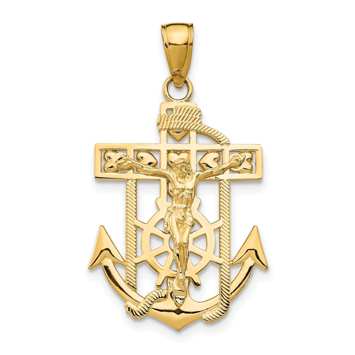 14k Yellow Gold Crucifix Pendant with Detailed Jesus, Mariner Cross Religious Charm