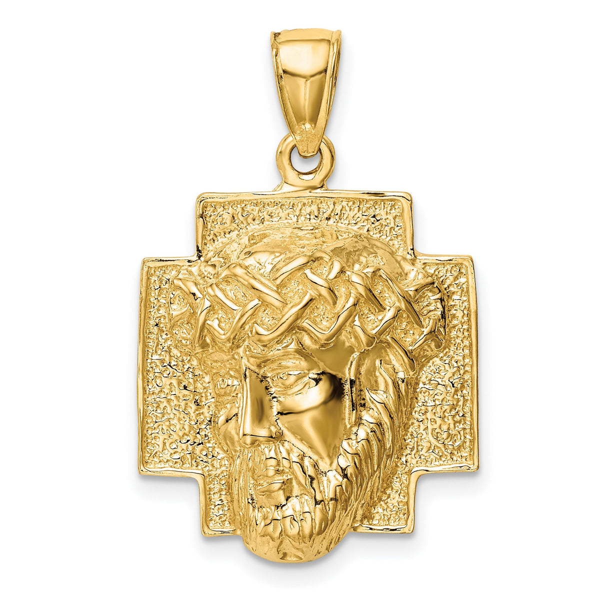 14k Yellow Gold Jesus Face Pendant with Crown of Thorns, Textured Cross Design