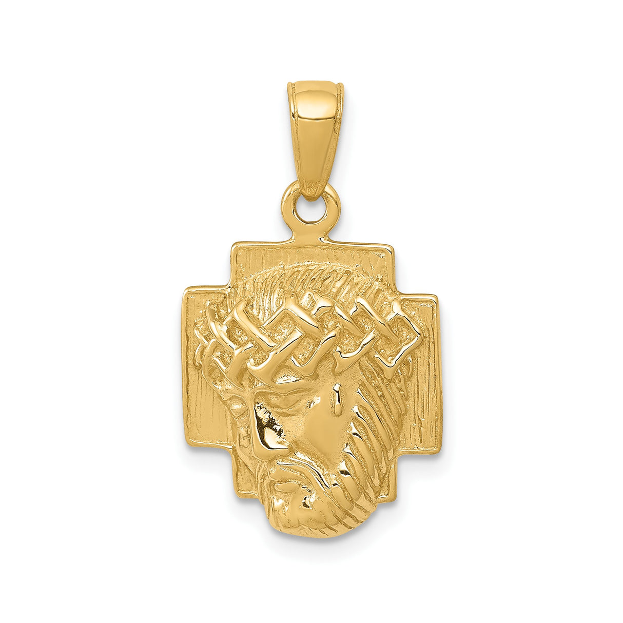 14k Yellow Gold Jesus Face Pendant with Crown of Thorns, Religious Christian Charm for Men