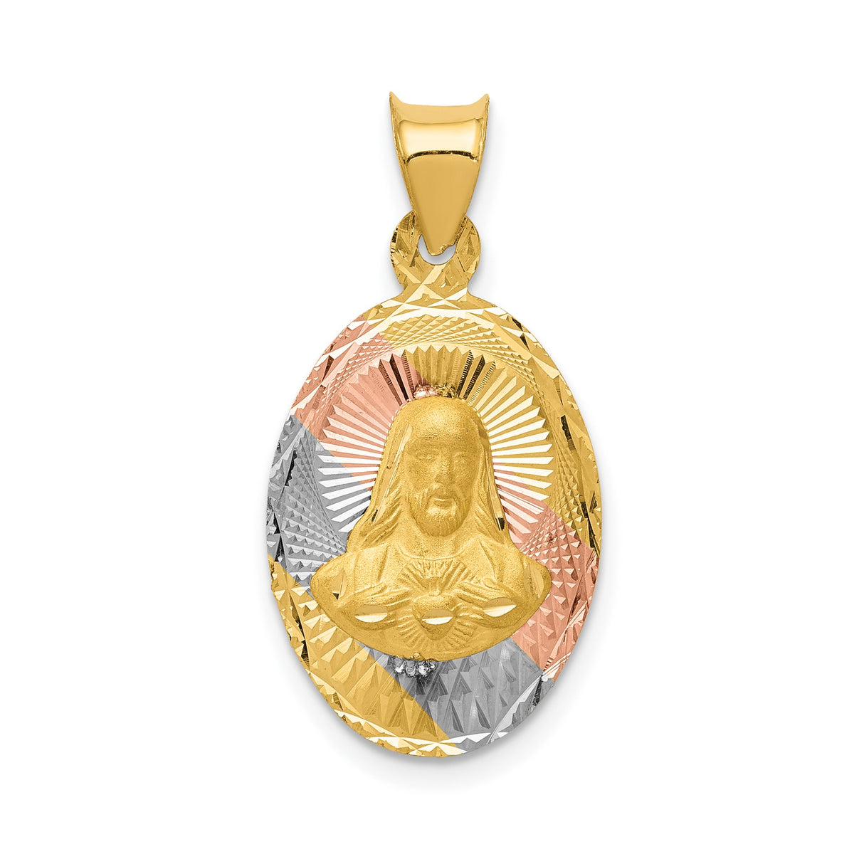 14k Tri-Color Gold Oval Pendant with Sacred Heart of Jesus, Polished and Diamond-Cut Religious Medallion