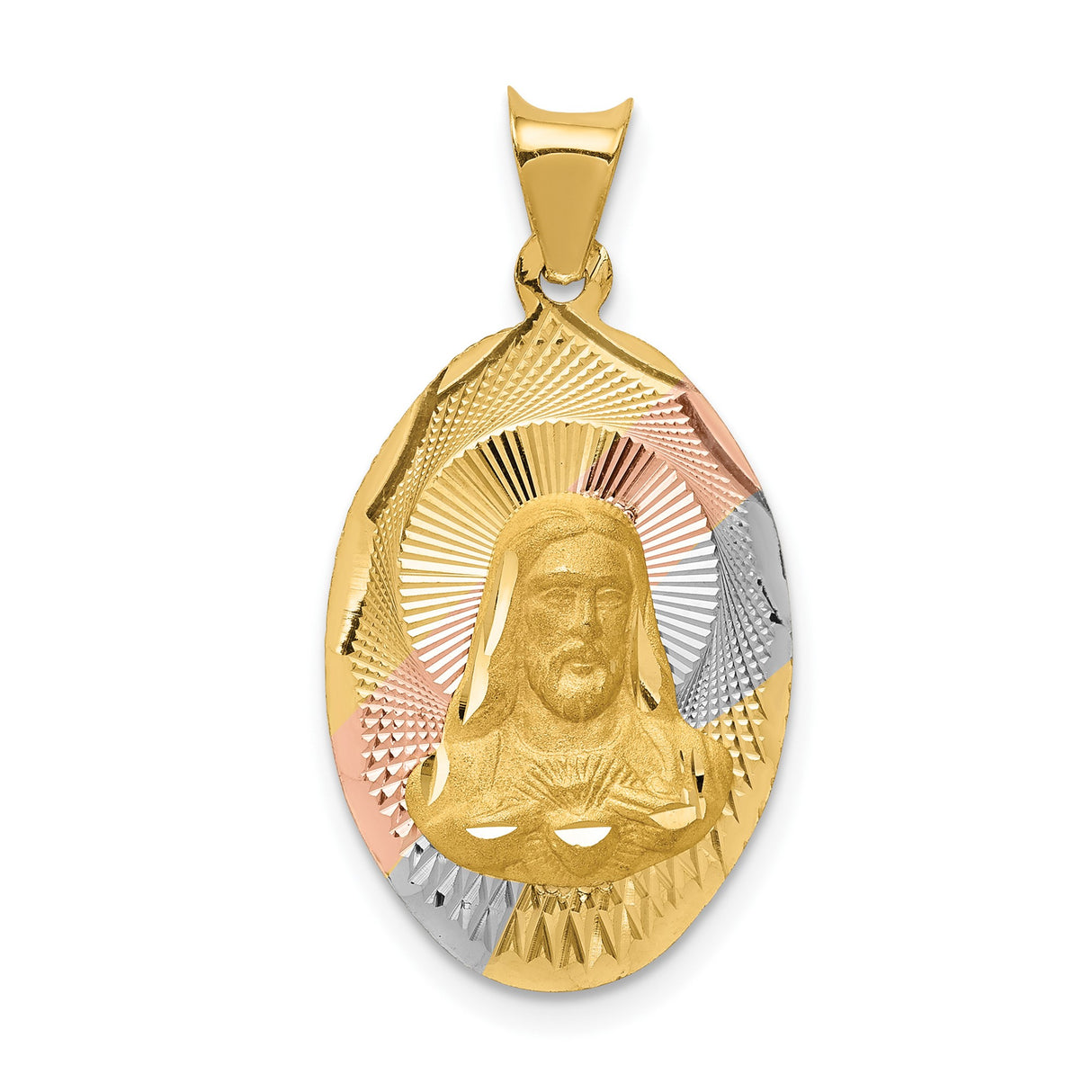 14k Tri Color Gold Oval Jesus Christ Pendant with Radiant Halo Accents