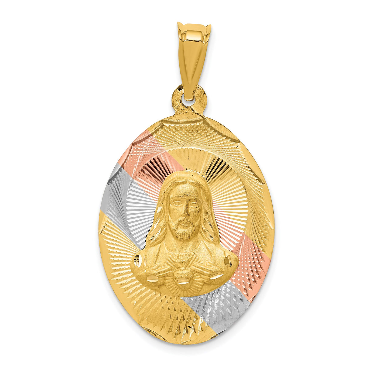 14k Tri-Color Gold Sacred Heart of Jesus Pendant, Oval Religious Medal for Men or Women