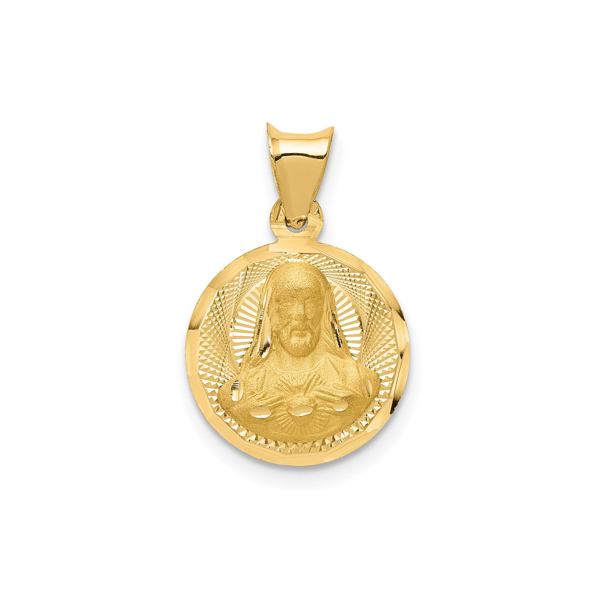 14k Yellow Gold Sacred Heart Jesus Pendant, Catholic Christian Medallion for Men and Women
