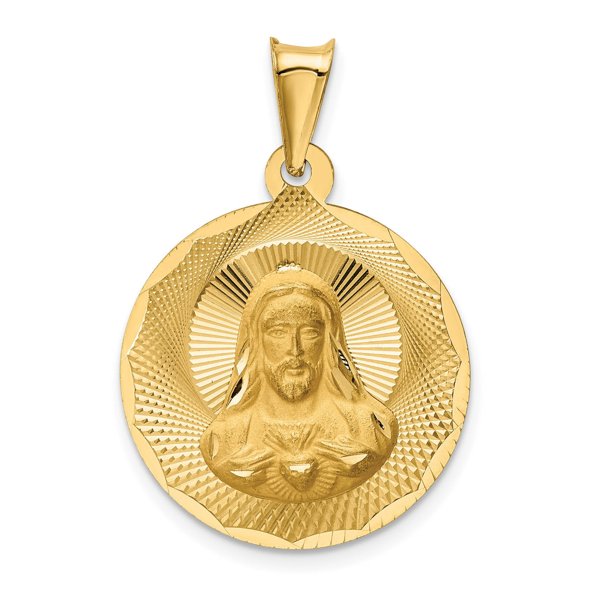 14k Yellow Gold Sacred Heart Pendant, Jesus Relief Medallion, Catholic Religious Charm