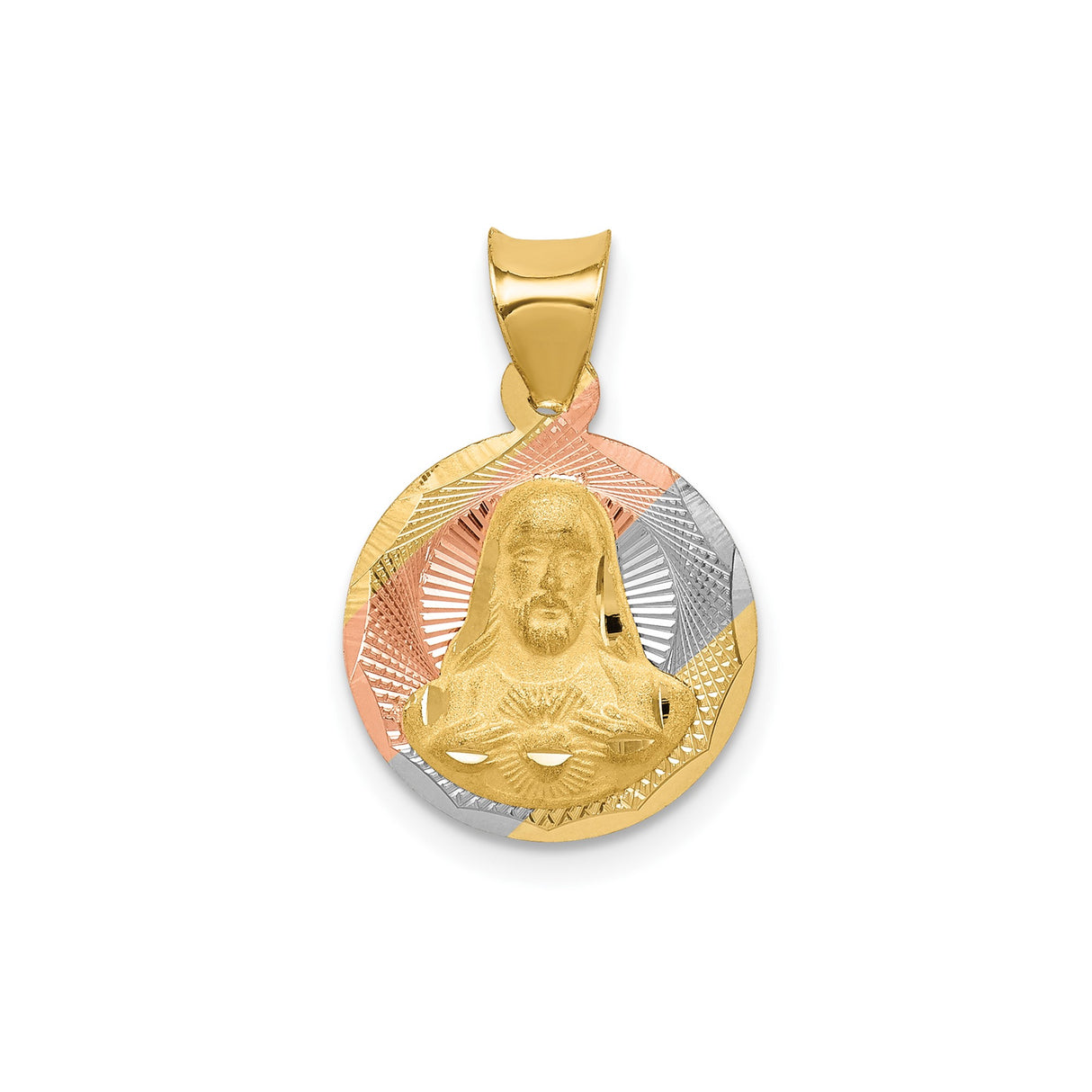 14k Tri Color Gold Jesus Pendant with Radiant Heart Medallion, Catholic Religious Jewelry