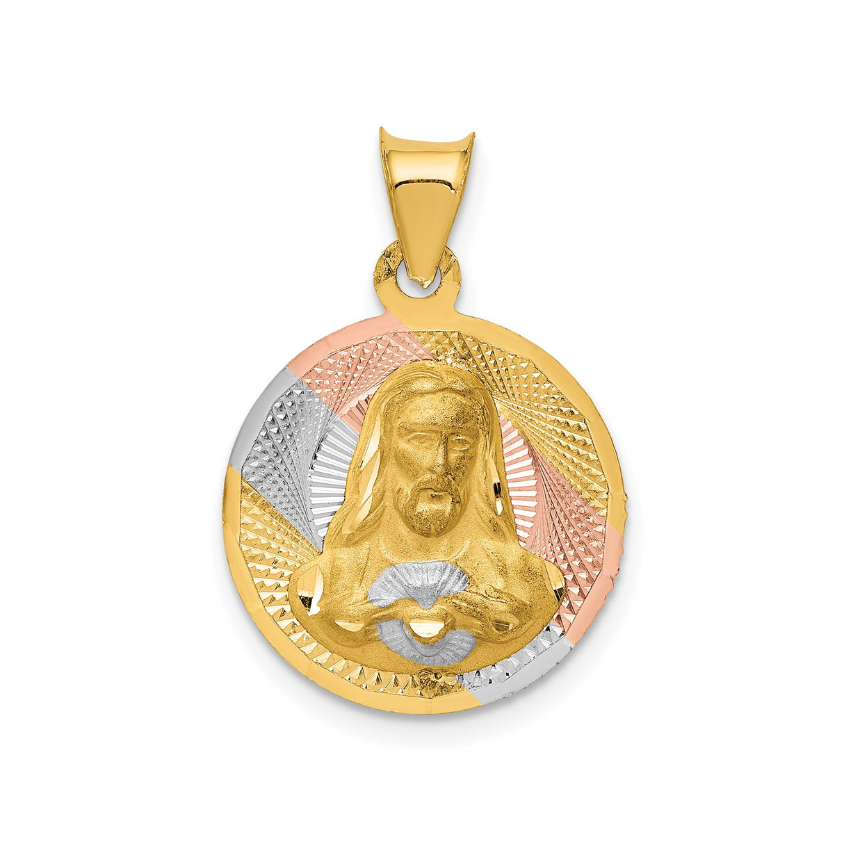 14k Tri-Tone Gold Jesus Pendant with Sacred Heart Medallion, Textured Religious Jewelry