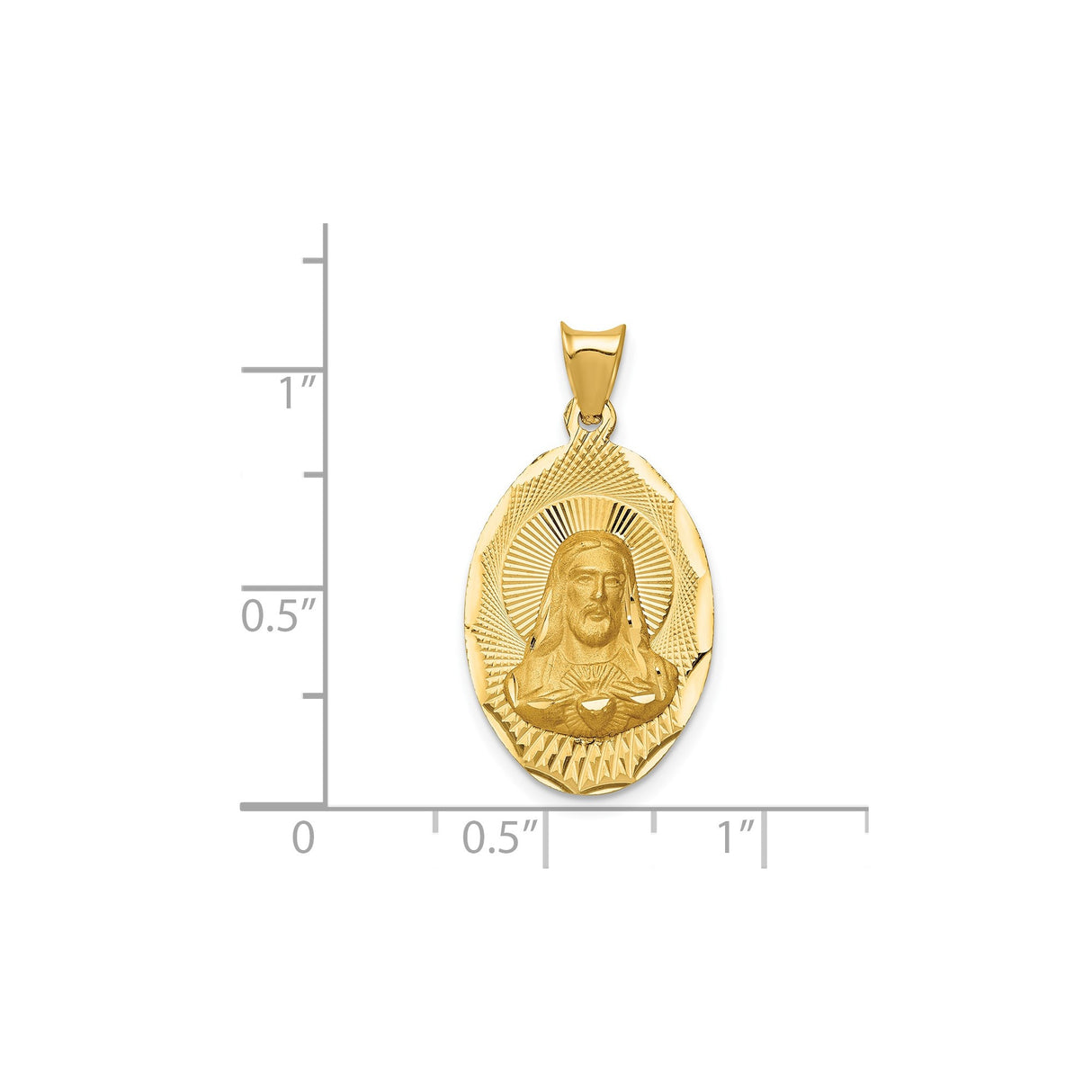 14k Yellow Gold Sacred Heart Jesus Pendant, Oval Religious Medal with Radiant Christ Image