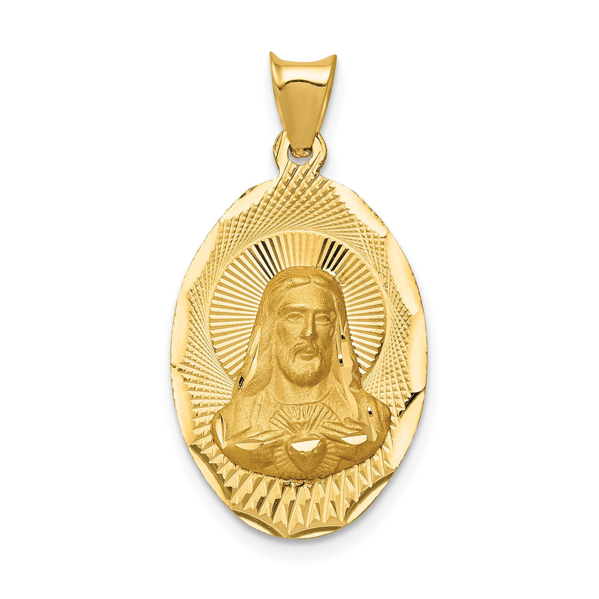 14k Yellow Gold Sacred Heart Jesus Pendant, Oval Religious Medal with Radiant Christ Image