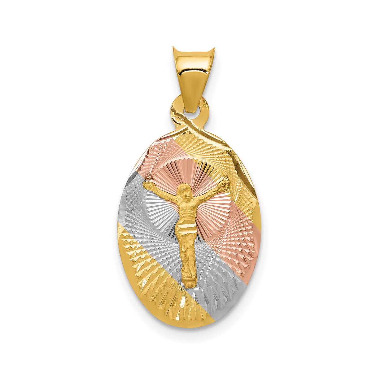 14k Tri-Color Gold Oval Crucifix Pendant with Raised Jesus, Rhodium Plated Christian Charm