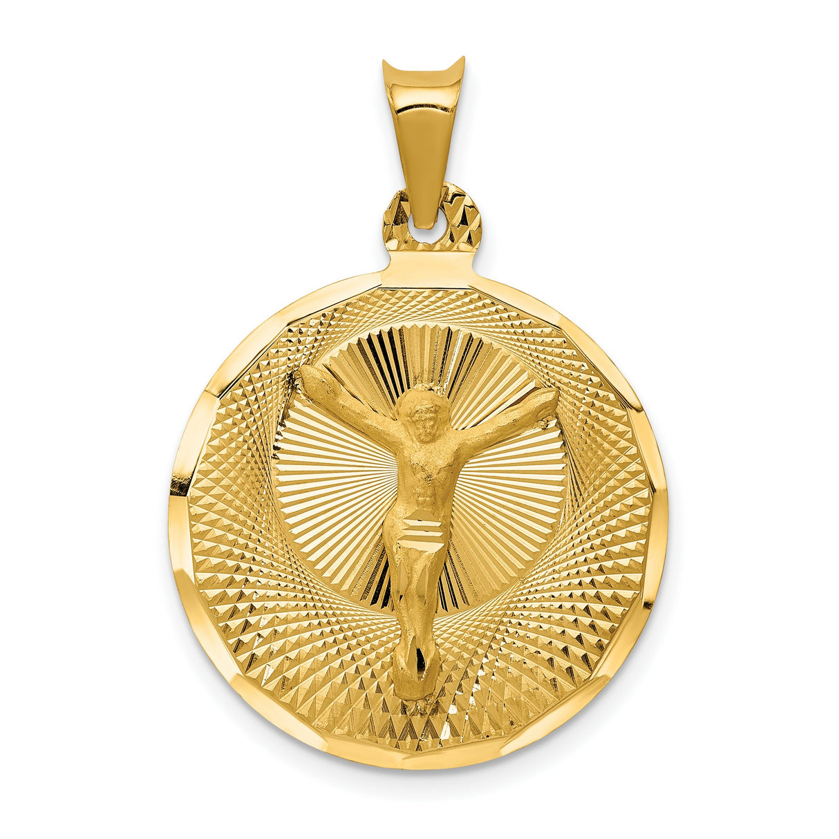Polished Corpus Crucified Body of Christ Round Charm Pendant in Real 14k Yellow Gold