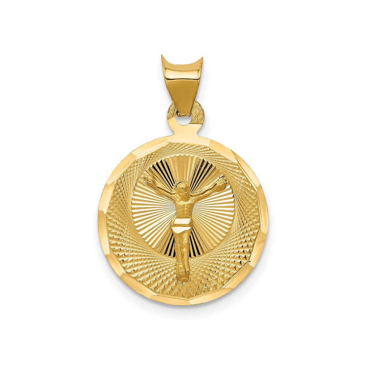 14k Yellow Gold Pendant with Detailed Christ Figure, Radiant Medallion Design, Catholic Religious Jewelry