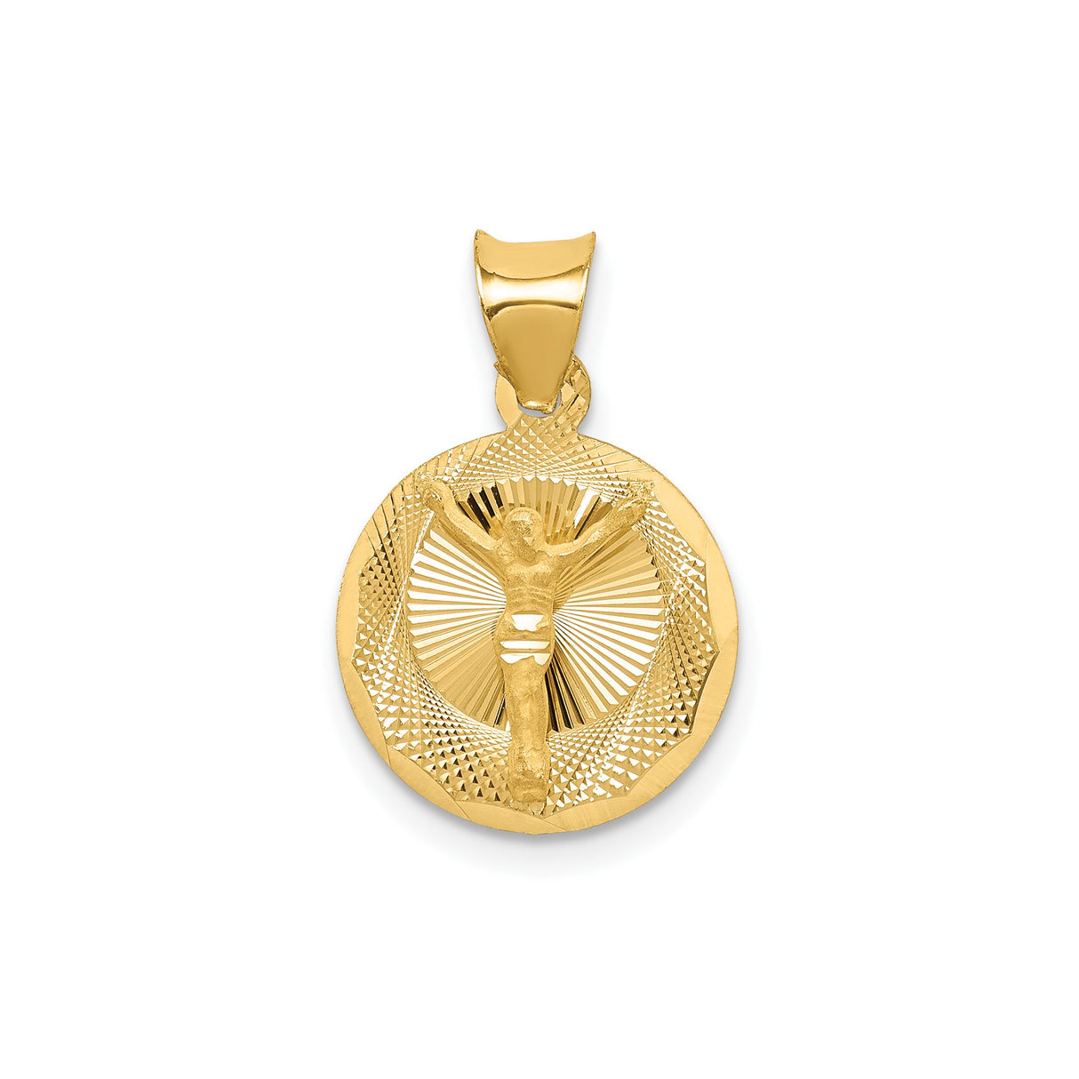 14k Yellow Gold Jesus Christ Pendant with Sunburst and Diamond Cut Accents, Religious Medallion