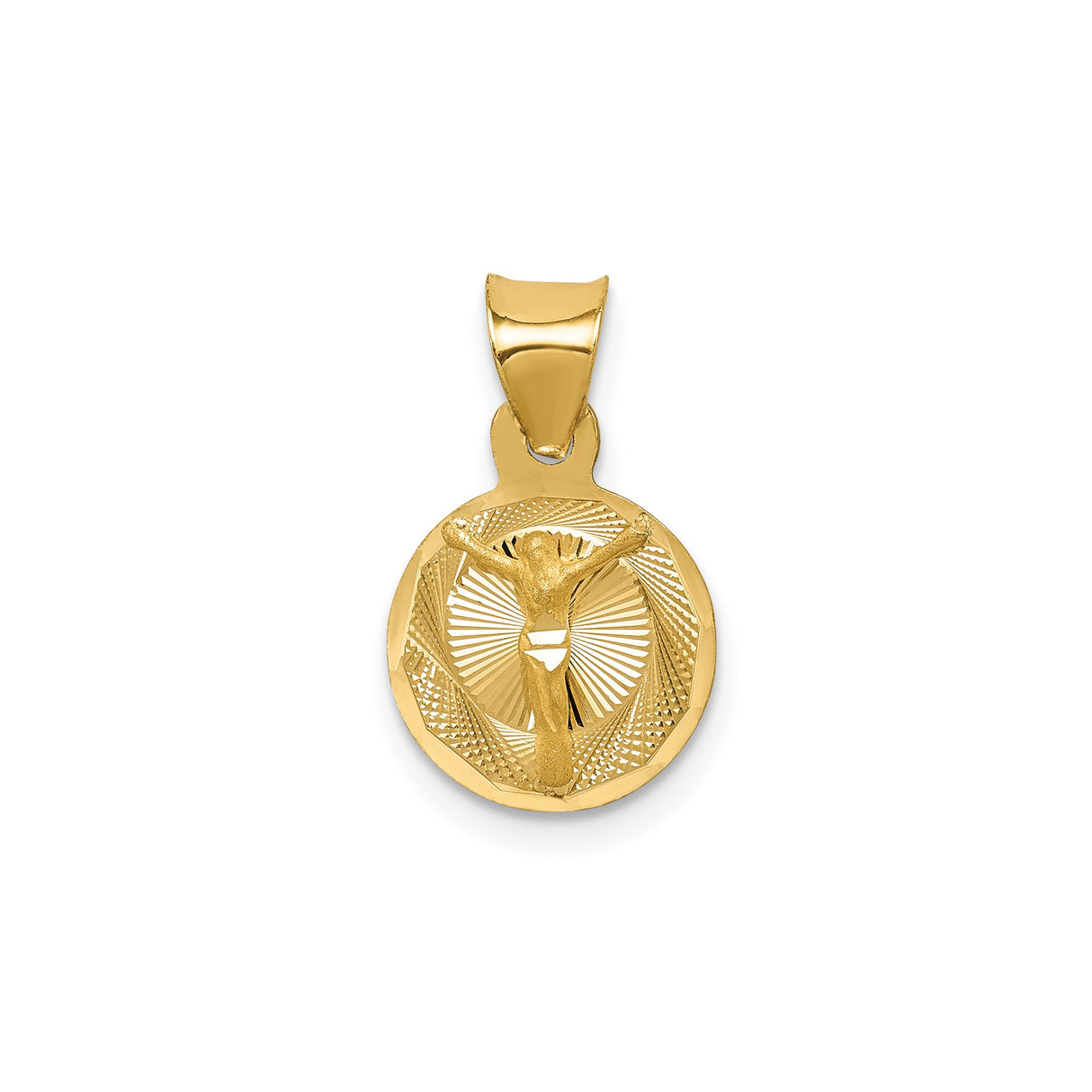 14k Yellow Gold Crucifix Pendant with Jesus on Cross and Textured Radiant Background