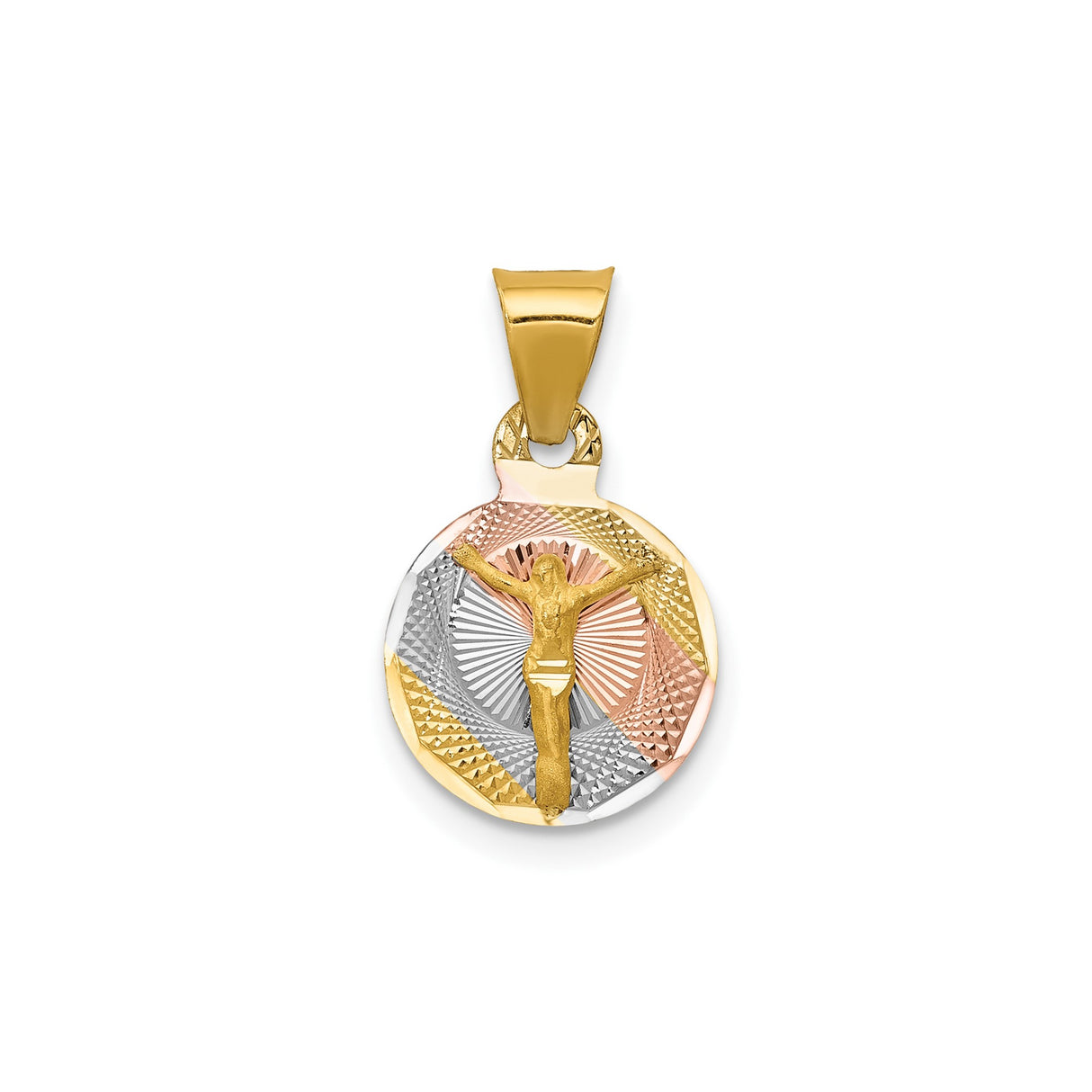 14k Multi-Tone Gold Crucifix Pendant with Raised Christ Figure and Textured Tri-Tone Background