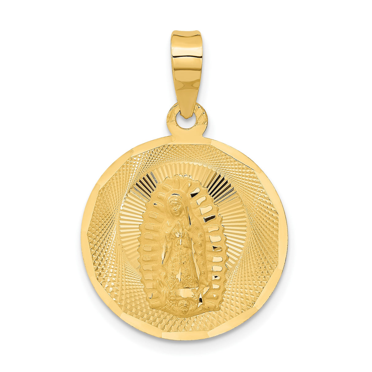 14k Yellow Gold Our Lady of Guadalupe Pendant with Sunburst Design Background, Religious Medal for Women