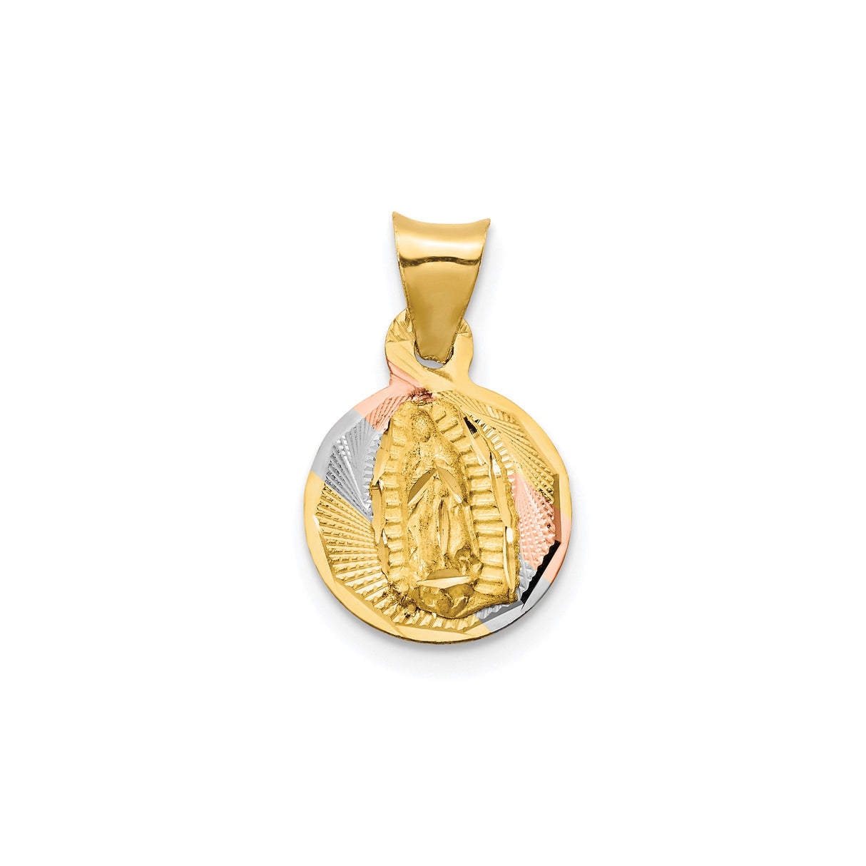 14k Tri-Color Gold Our Lady of Guadalupe Pendant with Rhodium Accents, Catholic Religious Medal