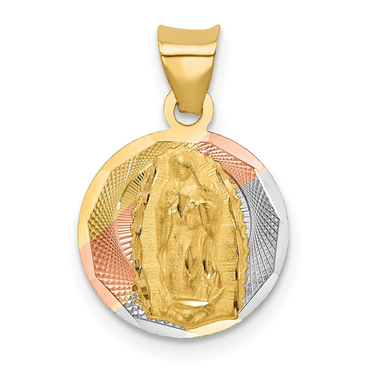 Polished Our Lady of Guadalupe Round Charm Pendant in Real 14k Multi-Tone Gold