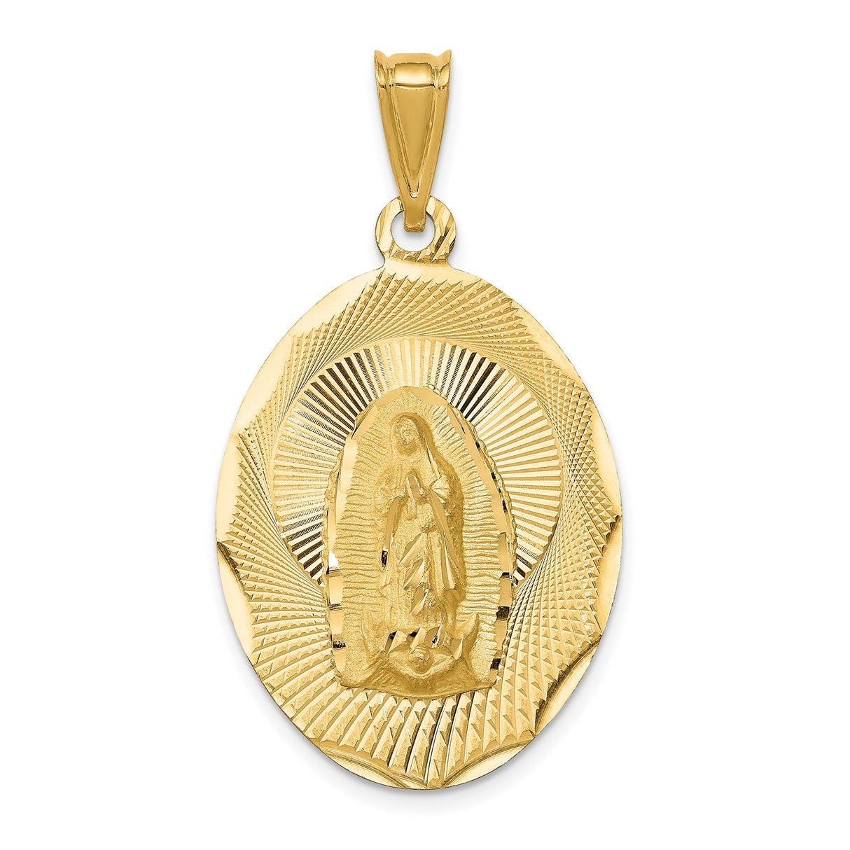 14k Yellow Gold Our Lady of Guadalupe Pendant, Textured Border Religious Medal