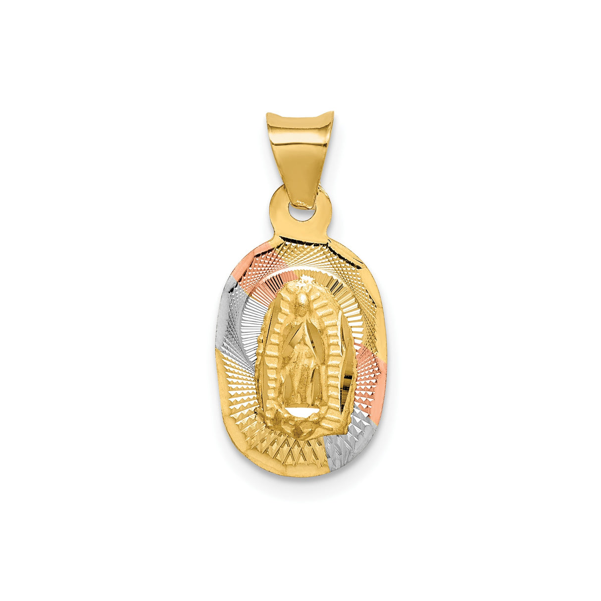 14k Tri-Color Gold Oval Pendant with Our Lady of Guadalupe Image, Catholic Religious Medal