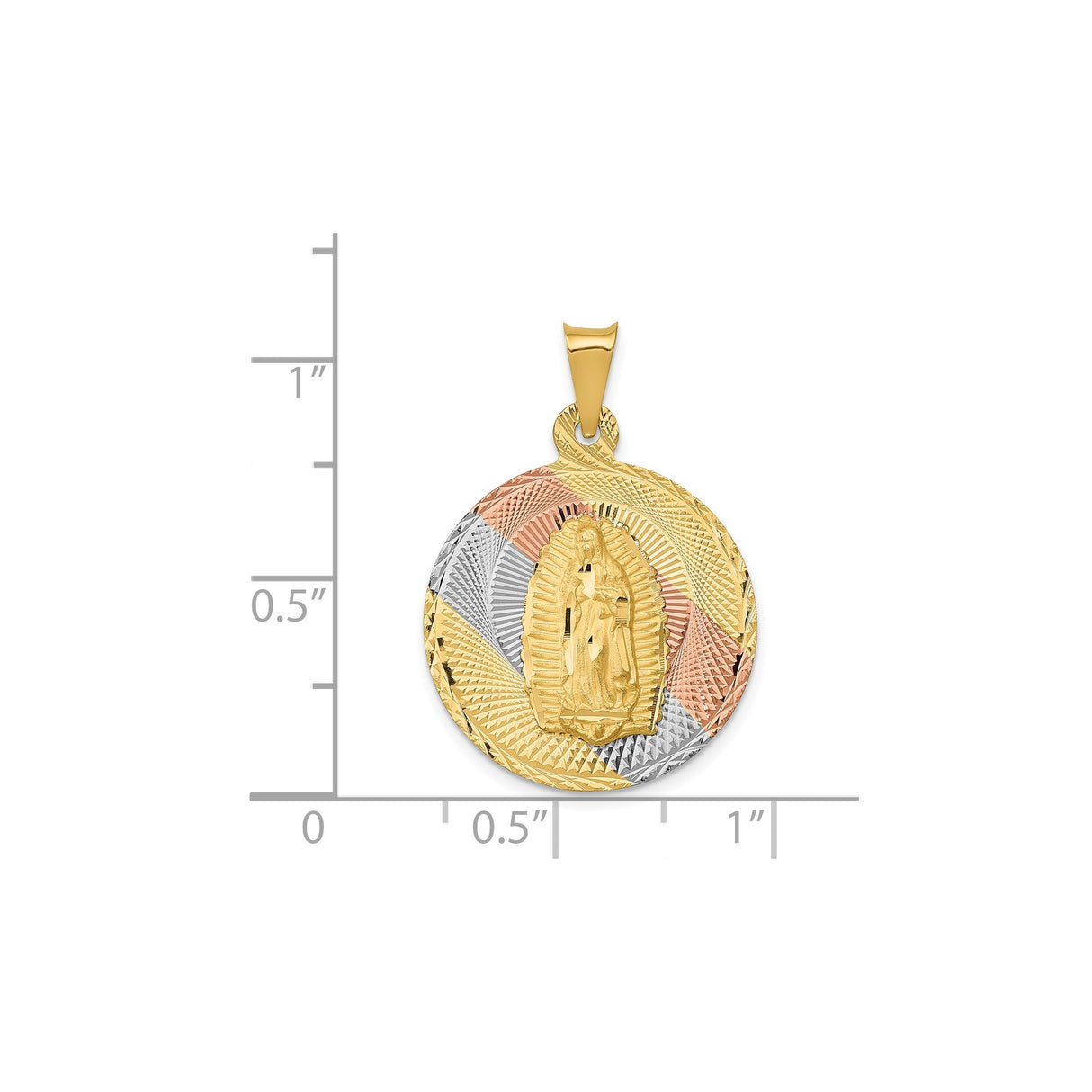 14k Tri-Color Gold Round Pendant Featuring Our Lady Guadalupe Medallion with Rhodium Finish
