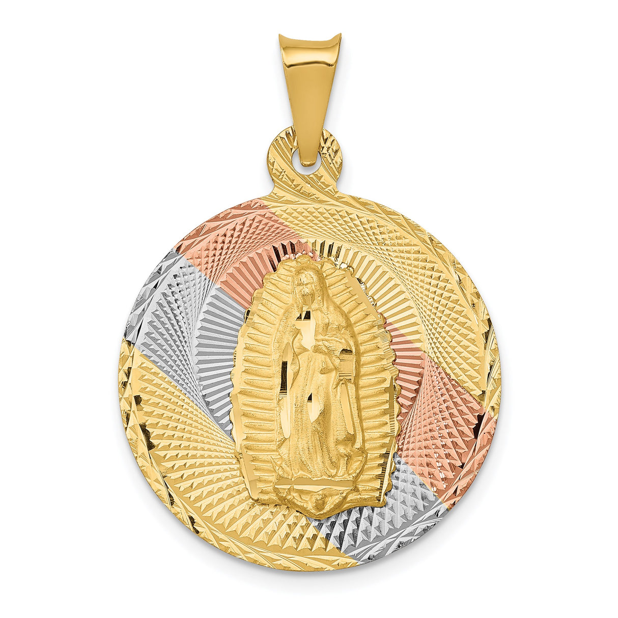 14k Tri-Color Gold Round Pendant Featuring Our Lady Guadalupe Medallion with Rhodium Finish