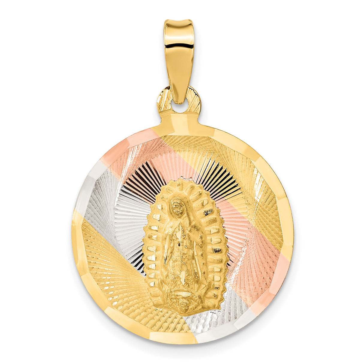 14k Multi-Tone Gold Our Lady of Guadalupe Round Pendant with Raised Virgin Mary Figure