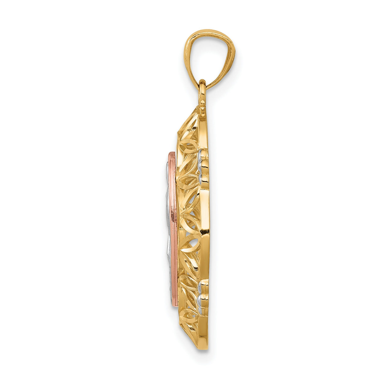 14k Two-Tone Gold Virgin Mary Pendant with Our Lady of Guadalupe and Floral Filigree Design